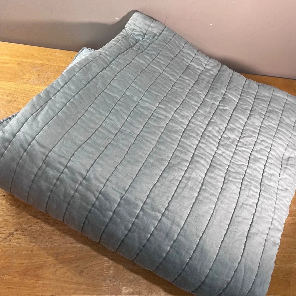 Pottery Barn Quilt Full/Queen Dusty Blue Silk Cotton Blend Channel Quilted